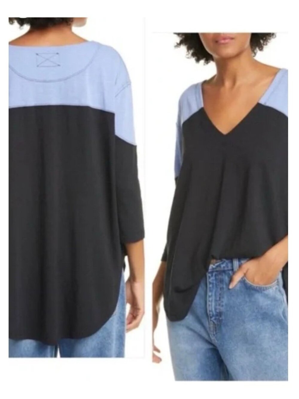 We The Free People Size S Womens Two Tone V Neck Oversized Baseball Tee Top Boho - Picture 2 of 9